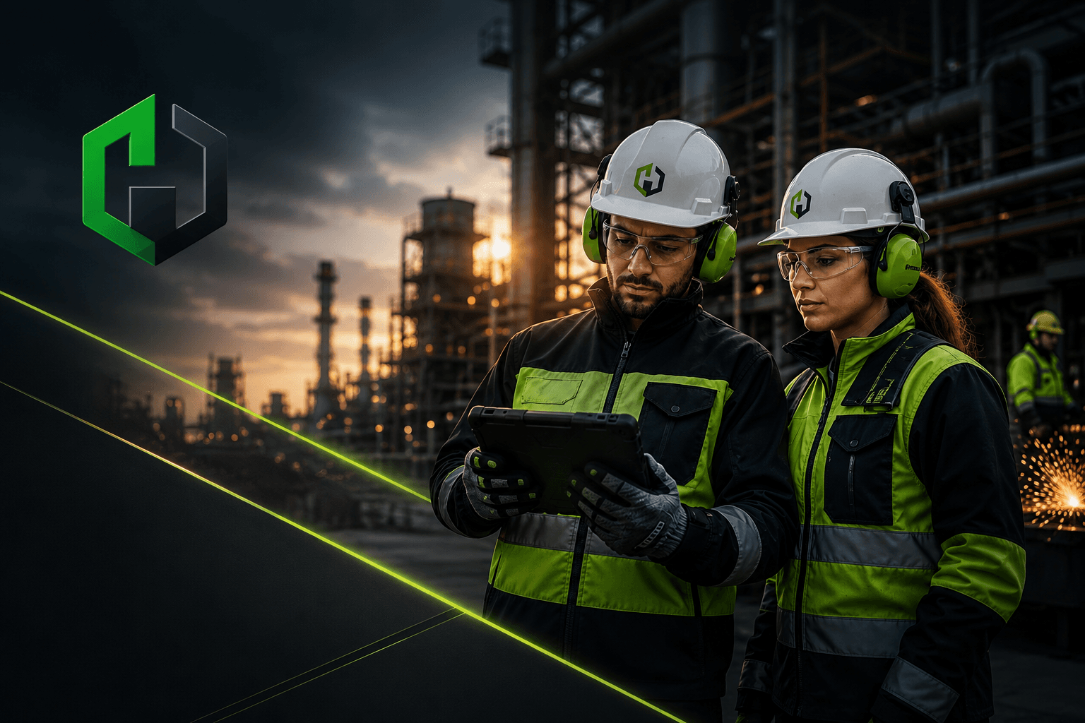 Trabajadores de H Seguridad revisando equipos de protección en una faena industrial